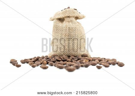 Coffee sack with beans. Isolated coffee bag on white background. Coffee beans isolated.