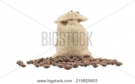 Coffee sack with beans. Isolated coffee bag on white background. Coffee beans isolated.