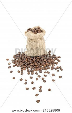 Coffee sack with beans. Isolated coffee bag on white background. Coffee beans isolated.