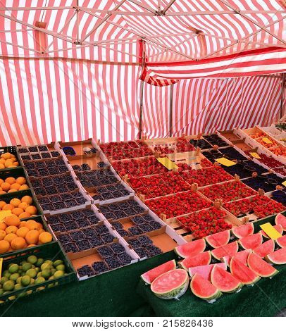 Stall Greengrocer With Fresh Fruit
