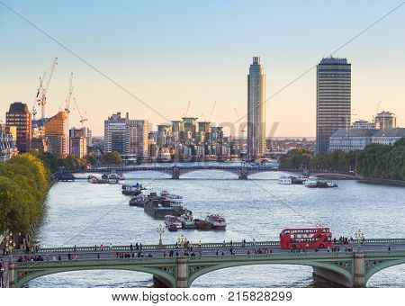 LONDON, UK - OCTOBER 1, 2015: Aerial view of Nine Elms redevelopment and St George Wharf with Tower on South Bank London England