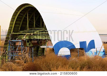 November 27, 2017 in Victorville, CA:  Cut up airliner aircraft fuselage taken at the Victorville Airport Airplane Boneyard in Victorville, CA where airlines can retire their older planes to be resold, scrapped for parts, and cut up and recycled