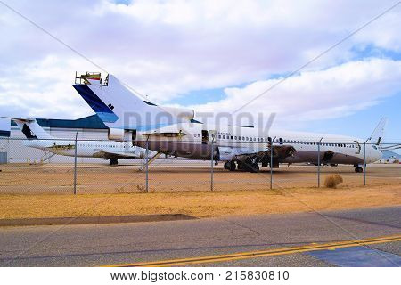 November 27, 2017 in Victorville, CA:  Airliner aircraft scrapped for parts taken at the Victorville Airport Airplane Boneyard in Victorville, CA where airlines can retire their older planes to be stored and resold or stored and scrapped for parts