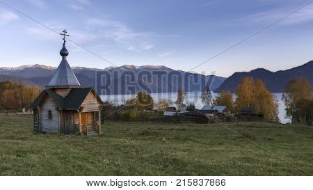 Typical russian church in the mountains near Teletskoe lake. Slovenia