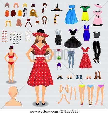Big set for creation unique female character. Full body legs armsface eyes eyebrows hairstyle lips clothes shoes accessories isolated on white background Vector illustration clip art