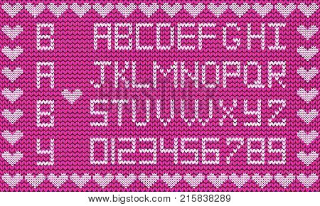 Baby fabric script for girl. Cute knitted abc alphabet, knitting pattern, girl purple fabric background framed with little hearts. Useful for cards, invitations, design.