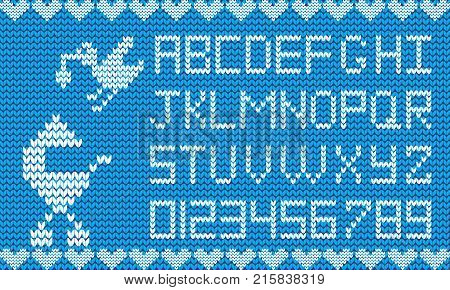 Baby fabric script for boy. Knitted alphabet with illustration of stork and baby stroller. Vector illustration, letters, signs and symbols for design.