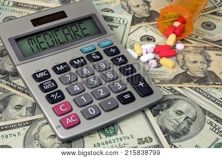 medicare text sign on calculator screen with prescription drugs and pill bottle on American money