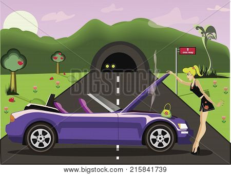 Girl on the road concept. Beautiful blonde girl looking under the hood of her broken cabriolet sport car staying across the road and car going on her from the tunnel. Cartoon vector illustration.