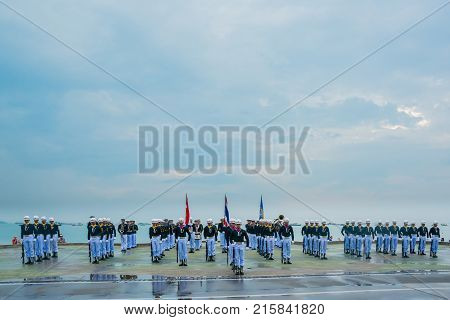 Pattaya Thailand - November 15 2017: Thai navy demonstating Fancy Drill in International Fleet Review 2017 at the beach of Pattaya Thailand.