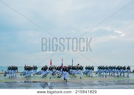 Pattaya Thailand - November 15 2017: Thai navy demonstating Fancy Drill in International Fleet Review 2017 at the beach of Pattaya Thailand.