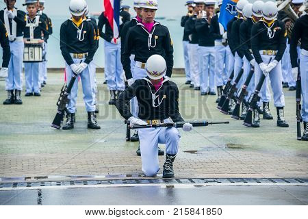 Pattaya Thailand - November 15 2017: Thai navy demonstating Fancy Drill in International Fleet Review 2017 at the beach of Pattaya Thailand.