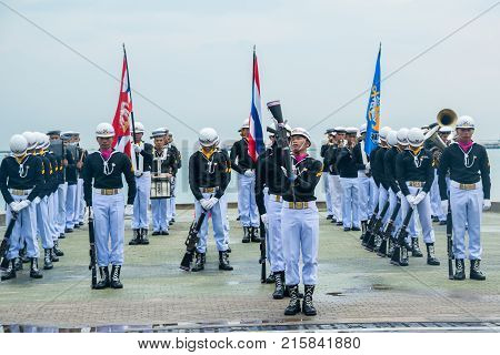 Pattaya Thailand - November 15 2017: Thai navy demonstating Fancy Drill in International Fleet Review 2017 at the beach of Pattaya Thailand.