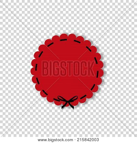 Red round paper cut style label sticker or enblem with black lace and space for text. Circle seal stamp for design isolated on transparent background. Vector illustration template.