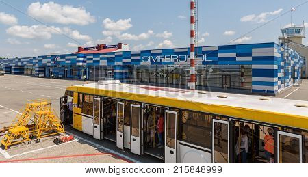 Simferopol, Russia - June 05, 2016: Bus with passengers at the Simferopol International Airport