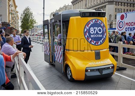 MOSCOW, RUSSIA - SEP 10, 2017: Self-driving electrical bus Matreshka by Volgabus on Tverskaya Street during celebration 870th anniversary of Moscow. It can travel up to 130 km without recharging.