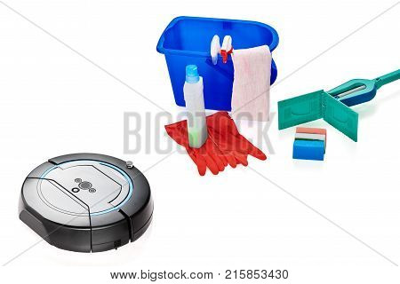 Set of house cleaning machines and equipment on white background