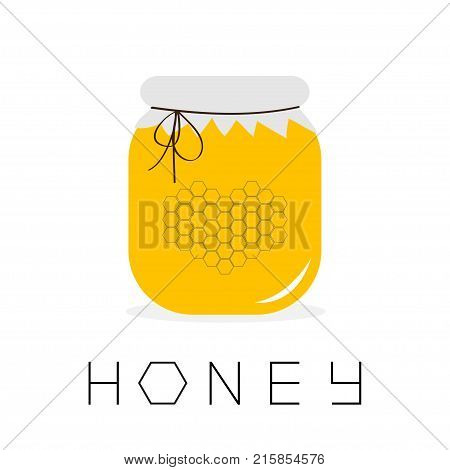 Honey jar pot icon. Honeycomb set in shape of heart logo. Beehive element. Paper top and bow. Honey text. Yellow healthy food. Isolated. White background. Flat design. Vector illustration