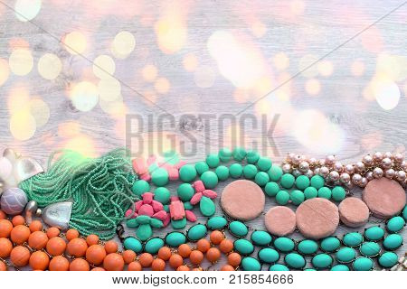 Set of vintage costume jewellery beads necklaces bracelets scarf. Top view flat lay