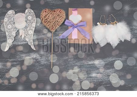 Festive flat lay arrangement. Set of decorative elements for Valentine's day. The concept