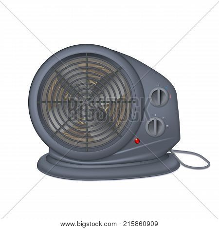 Black electric heater with fan, radiator appliance for space heating. Icon of domestic heater with electric cord. Isolated on white background, 3D illustration