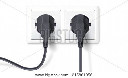 Electric plugs and socket. Realistic black plugs inserted in white electrical outlet, isolated on white background. Icon of device for connecting electrical appliances. Vector 3D illustration.