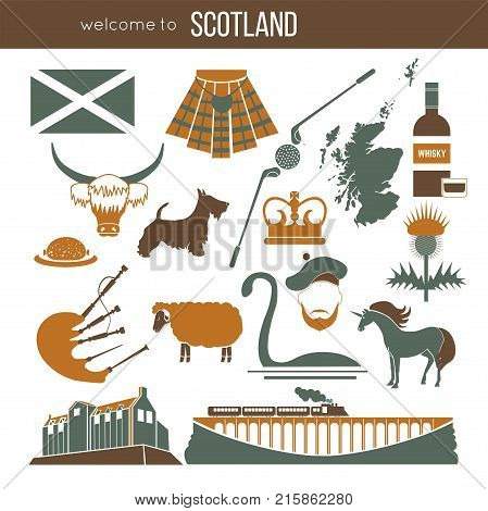 Scotland travel collection. Vector Illustration. Isolated on white