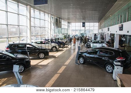 Showroom And Car Of Dealership Nissan In Kirov City In 2017