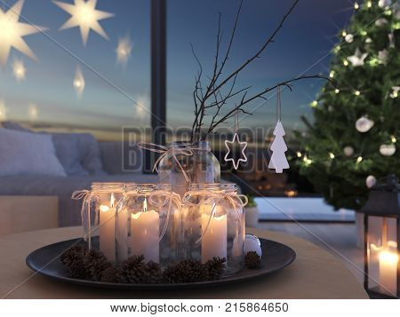 advent decoration in an christmas interior. 3d rendering