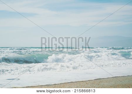 Bright Blue Turquoise Sea Ocean Waves, Summer Paradise Exotic Water Landscape Background With Mounta