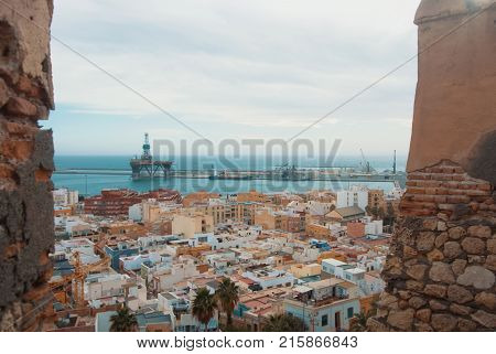 Aerial Panoramic View Of Almeria Old Town And Port From The Castle (alcazaba Of Almeria) Over The Mo