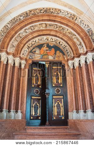 Pannonhalma, Hungary - July 28, 2016: Rich Decorated Door Entrance At Pannonhalma Abbey.