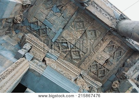 Garni, Armenia - December 31, 2016: Close-up Details Of Earthquake-damaged And Reconstructed Garni P
