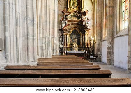 Kutna Hora, Czech Republic - Nivember, 24, 2017: interior of St. Barbara cathidral in Kutna Nova