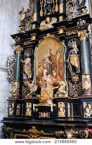 Kutna Hora, Czech Republic - Nivember, 24, 2017: interior of St. Barbara cathidral in Kutna Nova