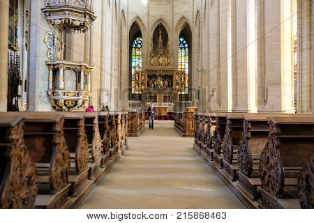 Kutna Hora, Czech Republic - Nivember, 24, 2017: interior of St. Barbara cathidral in Kutna Nova