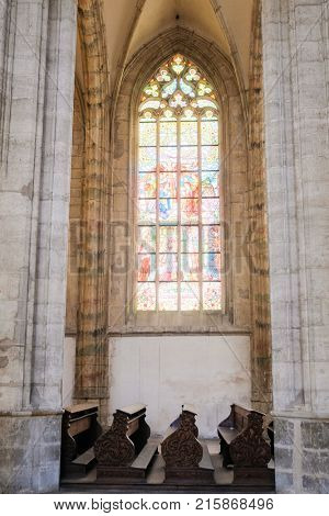 Kutna Hora, Czech Republic - Nivember, 24, 2017: interior of St. Barbara cathidral in Kutna Nova