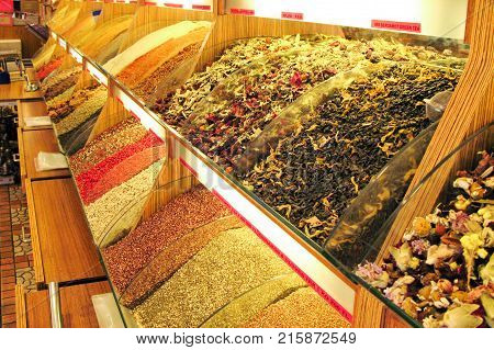 Spices and tea in the shop window Istanbul Turkey