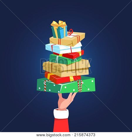 Christmas donate concept. Vector illustration hand of Santa Claus holding stack of Christmas gifts