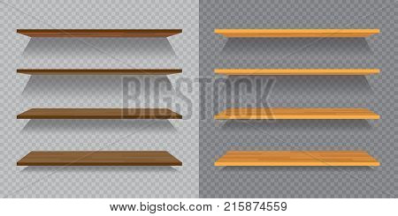 Set of empty wooden or plastic shelves isolated on ckeckered background.