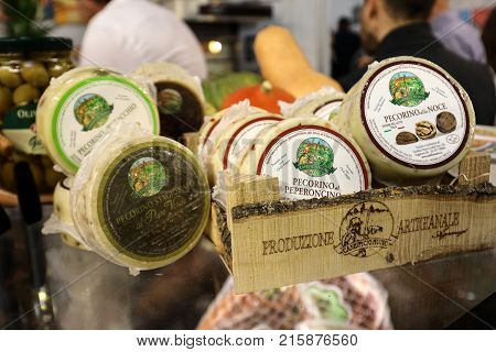 CRACOW POLAND - NOVEMBER 16 2017: Great cheeses Pecorino at Gastrofood - Trade Fair for Food and Drinks for Catering in Cracow. Poland