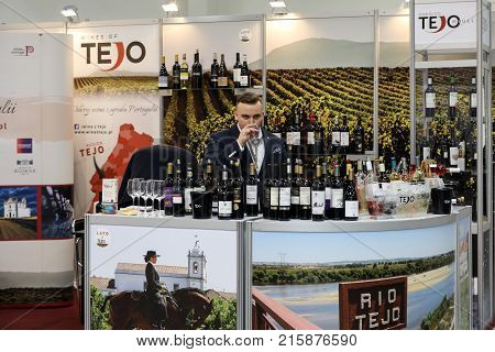 CRACOW POLAND - NOVEMBER 16 2017: International Wine Trade Fair ENOEXPO in Cracow. Producers of wine from all around the world meet the importers distributors and representatives. Cracow. Poland