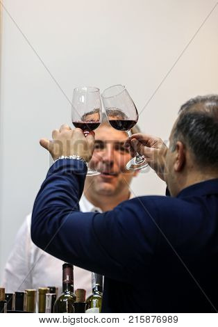 CRACOW POLAND - NOVEMBER 16 2017: International Wine Trade Fair ENOEXPO in Cracow. Producers of wine from all around the world meet the importers distributors and representatives. Cracow. Poland
