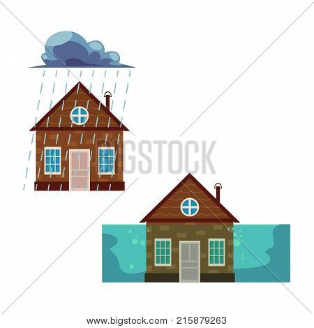 Vector flat house insurance concept set. House being damaged by wind, pouring rain and flood. Natural disaster insurance scenes. Isolated illustration on a white background