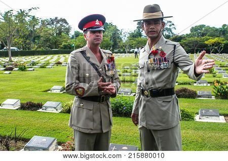 Labuan,Malaysia-Nov 12,2017:Gurkha & British soldier in uniform ready for the Remembrance Day in Labuan War Memorial park,Malaysia.The event also called Poppy Day & Anzac Day in several countries.