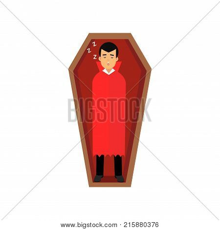 Vampire character sleeping in wooden coffin, Count Dracula wearing black suit and red cape vector Illustration isolated on a white background