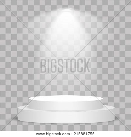 Round stage podium illuminated with light on transparent background. Stage vector backdrop. Festive podium scene with red carpet for award ceremony. Vector illustration.