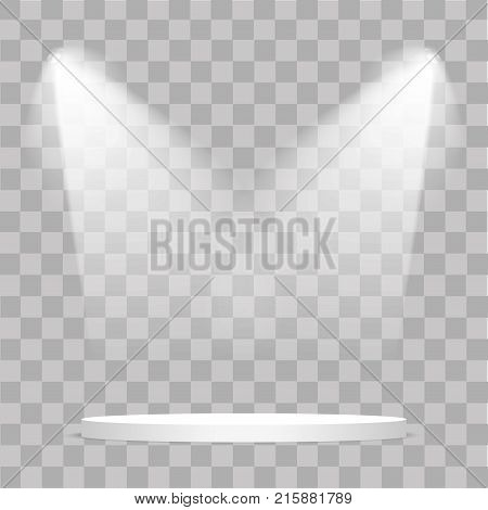 Round stage podium illuminated with light on transparent background. Stage vector backdrop. Festive podium scene with red carpet for award ceremony. Vector illustration.