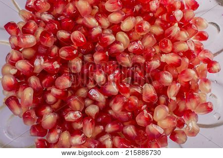 Red Background of Grain Red Grenades. Big Ripe Red Granets or Garnets. Fruits of Red Ripe Pomegranate on the White Background. Vegetarian Concept Organic Vitamins. Organic and Benefit Garnet Fruit.