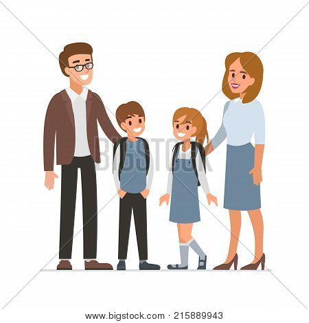Happy female and male teachers with pupils. Flat style vector illustration isolated on white background.